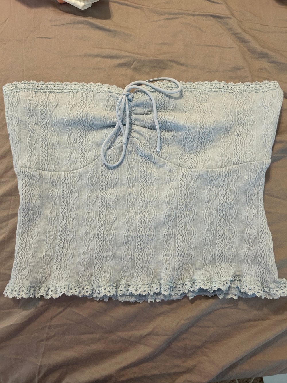Edikted Light Blue Lace-Trim Strapless Crop Top